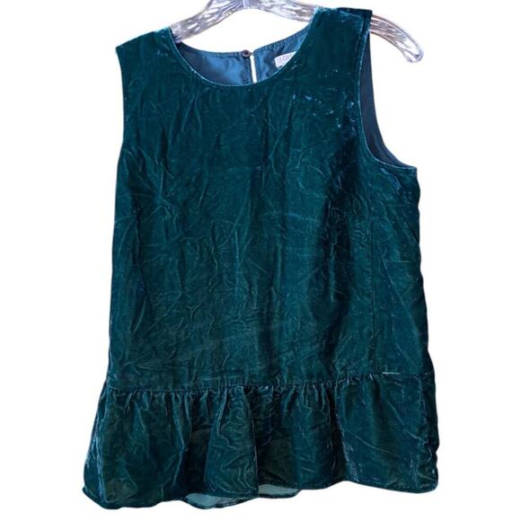 J.Crew Emerald Green Crushed Velvet Sleeveless Top - Ruffle Hem, Size 4 - Picture 1 of 7
